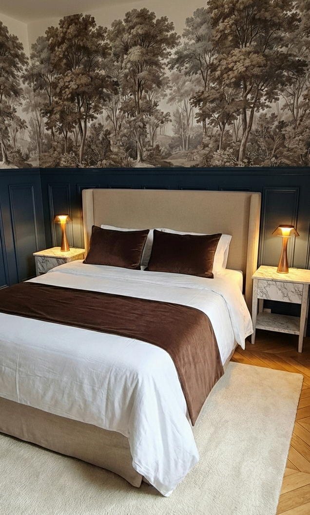 Chambre avec soubassement bleu nuit et papier peint